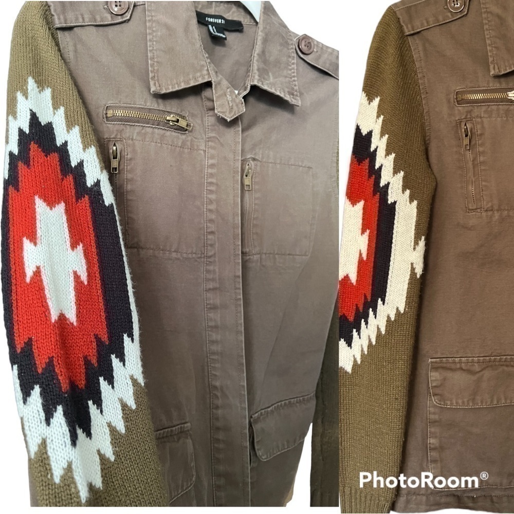 VINTAGE 2000s Military Style Utility Jacket Southwestern Sweater Sleeves Size S - Picture 3 of 4